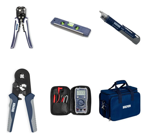 Kit Bremen: Destornilladores Aislados + Pelacables + Nivel 23cm + Buscapolo + Pinza Crimpeadora + Tester + Bolso 8664
