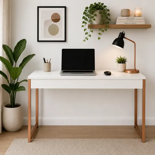 Mesa Escrivaninha Industrial 90cm Aparador Pés Aço Multiuso Branco/rose
