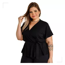 Blusa Feminina Transpassada Com Babado Manga Curta Plus Size