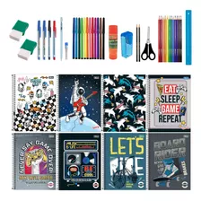 Kit 10 Cadernos Masculinos Capa Dura + 40 Acessórios Escolar