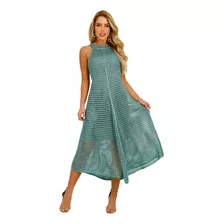 Vestido Midi Tricot Rendado Com Botões Reveillon Natal Maya 