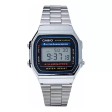 Reloj Pulsera Casio Youth Vintage A-168 De Cuerpo Color Plateado, Digital, Fondo Gris, Negro Y Azul, Con Correa De Acero Inoxidable Color Plateado, Dial Negro, Minutero/segundero Negro, Bisel Color Pl