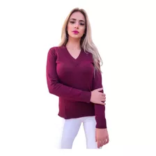 Blusa Feminina Básica Suéter Gola V De Tricot