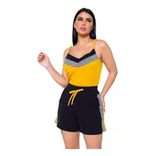 Conjunto Malha Crepe Shorts Blusa Xadrez Feminina Moda Verão