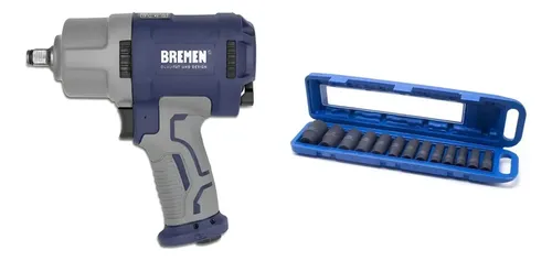 Kit Bremen: Llave Pistola Impacto Neumática 1/2 1560 Nm Azul + Juego Llaves Tubo Impacto Largos 13 Pzs