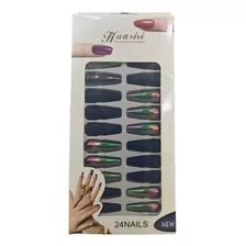 Unha Postiças 24 Unhas Pintadas Decoradas Autocolante Nail ! Cor Azul