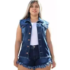 Conjunto Short Desfiado E Colete Feminino Jeans Plus Size 