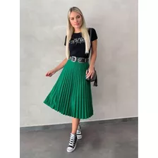 Saia Feminina Midi Plissada Crepe Tendência