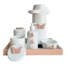 Kit Higiene Bebê Porcelana Térmica Bandeja Quarto Borboleta