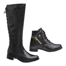 Kit 2 Botas Femininas Montaria Cano Médio Coturno Cano Baixo