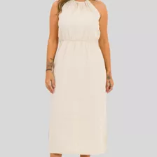 Vestido Linho Midi Elástico Cintura Casual Levinho Soltinho