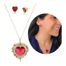 Colar E Brinco Coração Rosa Folheado A Ouro 18k Luxo Mulher