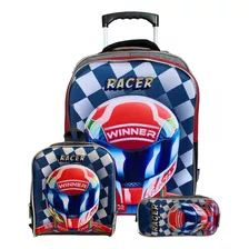 Kit Mochila Meninos Corrida Piloto Moto 3d G Rodinha Escolar