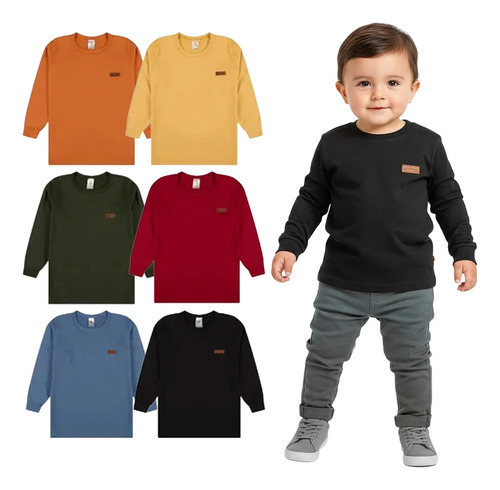 Kit 4 Camiseta Manga Longa Bebe Menino Infantil De Algodão Multicolorido 3