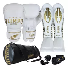 Kit Muay Thai Branco Luva+caneleira+bolsa+bandagem+bucal