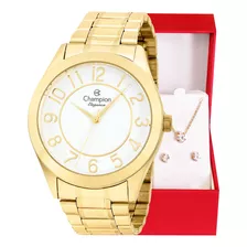 Relógio Champion Feminino Dourado Branco + Colar E Brincos