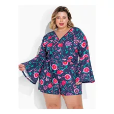 Macaquinho Floral Marinho Com Faixa Plus Size