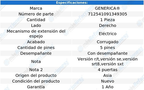 Espejo Der Elect Corrug C/desemp 5 Pines Dodge Charger 06-10 Foto 2