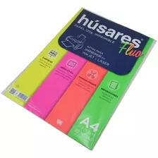 Papel De Impresión Húsares 125 Gr X 20 Hojas 4 Colores Fluo Color Amarillo, Naranja, Rosa Y Verde Fluo