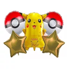 Kit 5 Globos Pikachu Estrellas Pokebolas Metalizado