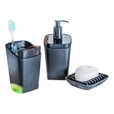 Set De Baño Square Negro Dispenser Portacepillos + Jabonera