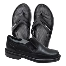 Sapato Masculino Em Couro Alcalay + Chinelo Ortopédico Leve