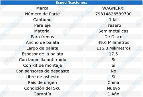 Jgo De Balatas Semimetalicas Tra Wagner 159 V 6 3.2l 12 Foto 2