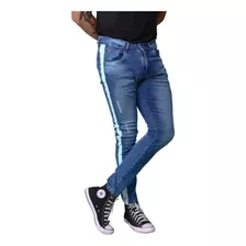 Calça Jeans Masculina Com Faixa Branca Na Lateral