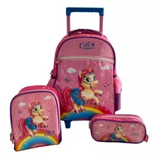 Kit Mochila Escolar Unicórnio Arco Íris Rodinhas G Meninas