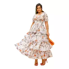 Vestido Longo Saia Em Camadas Tule Estampado Floral Cristã