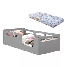 Berço Cama + Colchão Montessori Solteiro Infantil Cinza