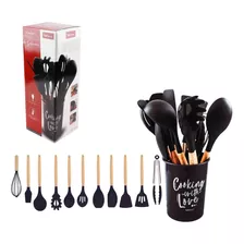 Kit Utensílios P Cozinha Colher Silicone Com Madeira Suporte Cor Preto