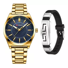 Relógio Masculino Curren Dourado Casual Luxo + Pulseira Cor Do Fundo Azul-escuro