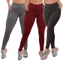 Kit 3 Calças Legging Suplex Academia Bolso Celular Fitness