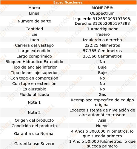 (1) Amortiguador Tra Oespectrum Gas Der O Izq Dynasty 88/93 Foto 2