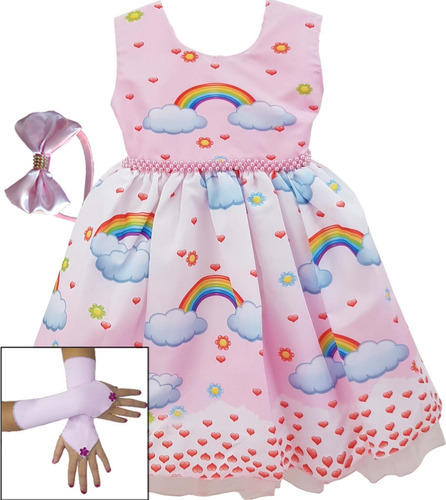 Vestido Infantil Chuva De Amor Benção Arco Íris Nuvens Rosa