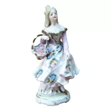 Estatuilla Antigua Japonesa, Dama Con Canasto De Flores