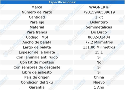 Jgo De Balatas Semimetalicas Del Wagner 607 2.9l 02 Al 08 Foto 2