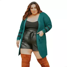 Casaco Feminino Plus Size Longo Grosso Cardigan De Lã Verde