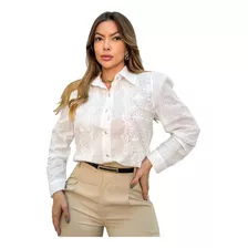 Camisa Feminina Social Manga Longa Tecida Em Linho Luxo Top