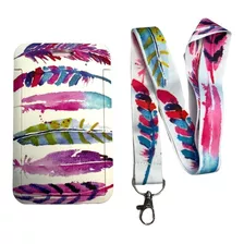 Porta Credencial Con Lanyard Blanco Plumas Acuarela Colores