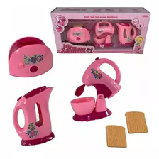 Brinquedo Mini Cozinha Chaleira Torradeira Com Movimento Luz Cor Rosa