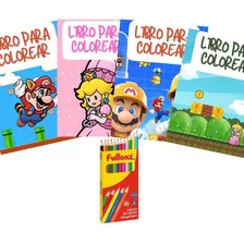 Pack 4 Libros Para Colorear Mario Bros Y Lápices De Colores
