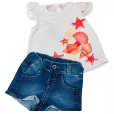 Conjunto Feminino Bebê 2 Peças - Camiseta E Shorts Jeans