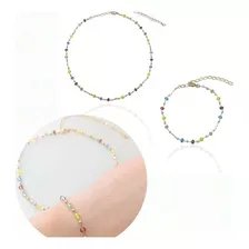 Conjunto Fem Colar E Pulseira Cristais Colorido Semijoias