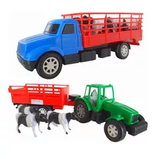 Kit Caminhão E Trator Com Bois Presente Brinquedo Infantil 