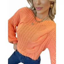 Blusa Feminina Tricot Cropped Trançada Manga Larga Bufante