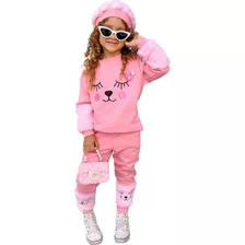 Conjunto Moletom Infantil Boina Menina Calça Blusa De Frio