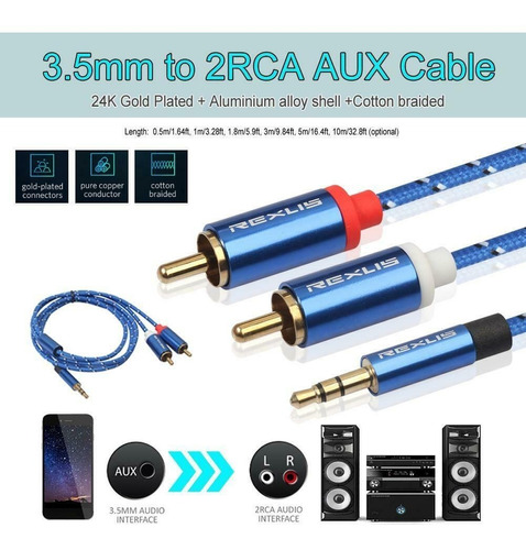 1 Cable Azul Jack Macho 3,5mm/2 Rca Macho Para Sonido 0,5mt