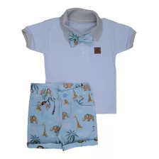 Conjunto Infantil Com Bermuda Safari Azul Gravata Borboleta